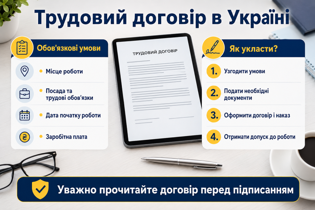 Інфографіка про трудовий договір в Україні, обов’язкові умови та порядок оформлення працівника