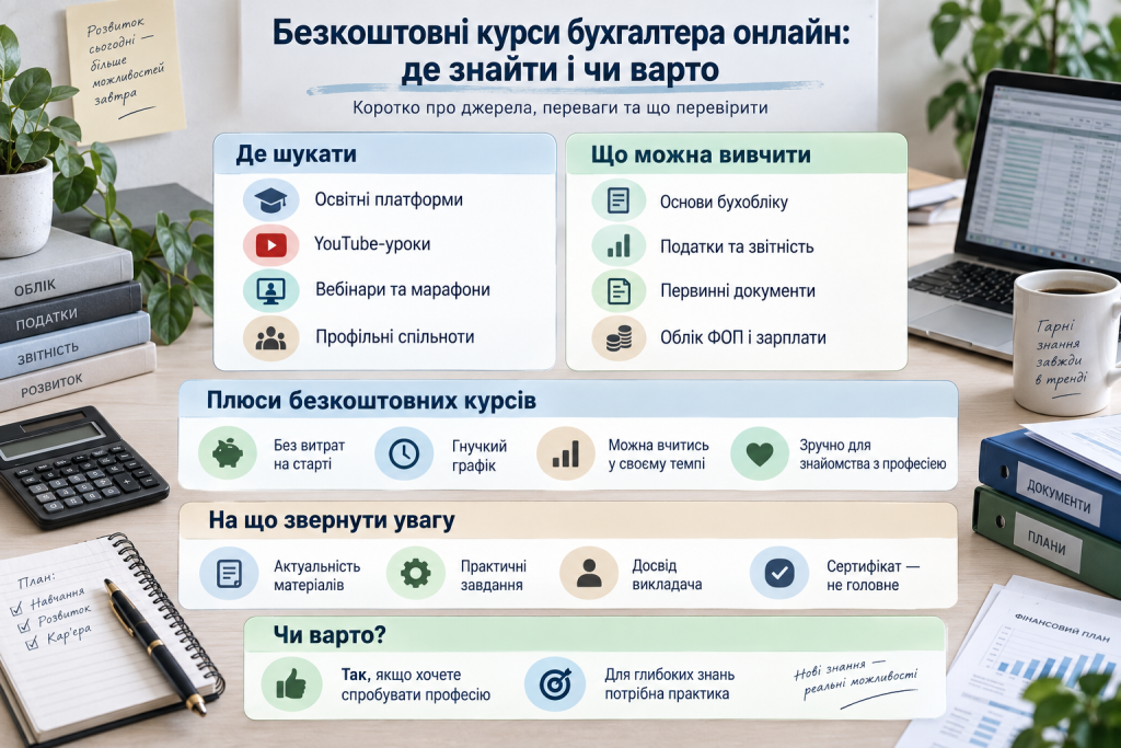 Інфографіка про безкоштовні онлайн-курси бухгалтерії, джерела навчання, переваги та основні теми.