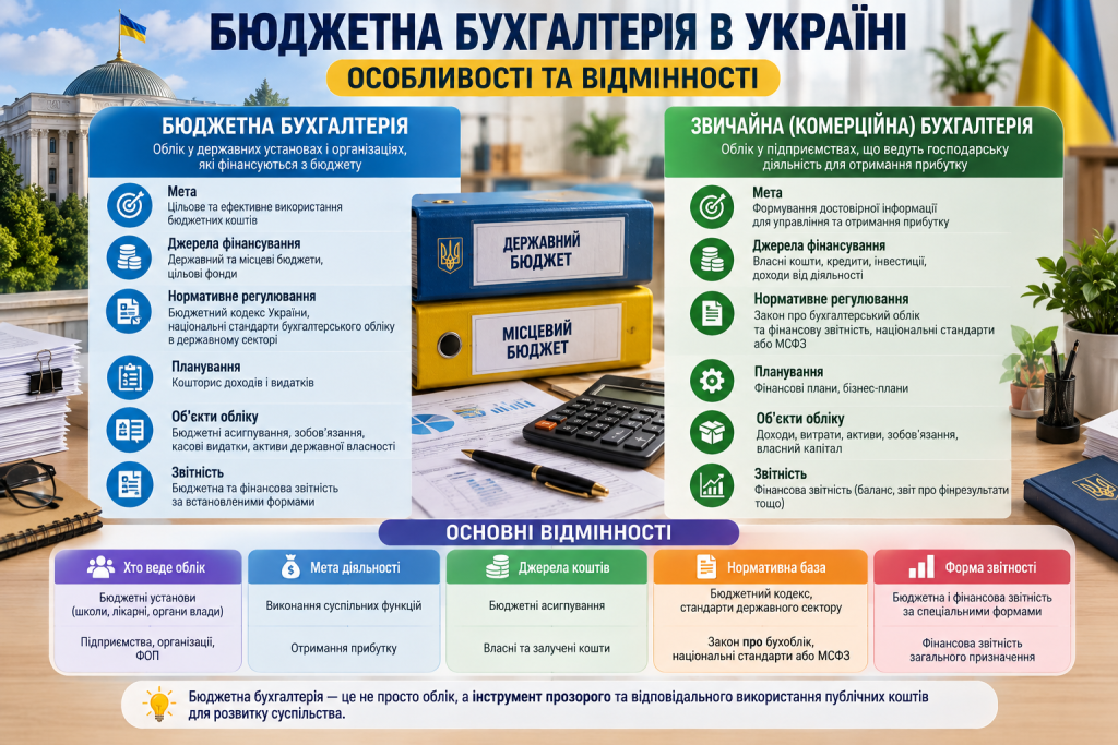 Інфографіка про бюджетну бухгалтерію в Україні та її відмінності від комерційного бухгалтерського обліку
