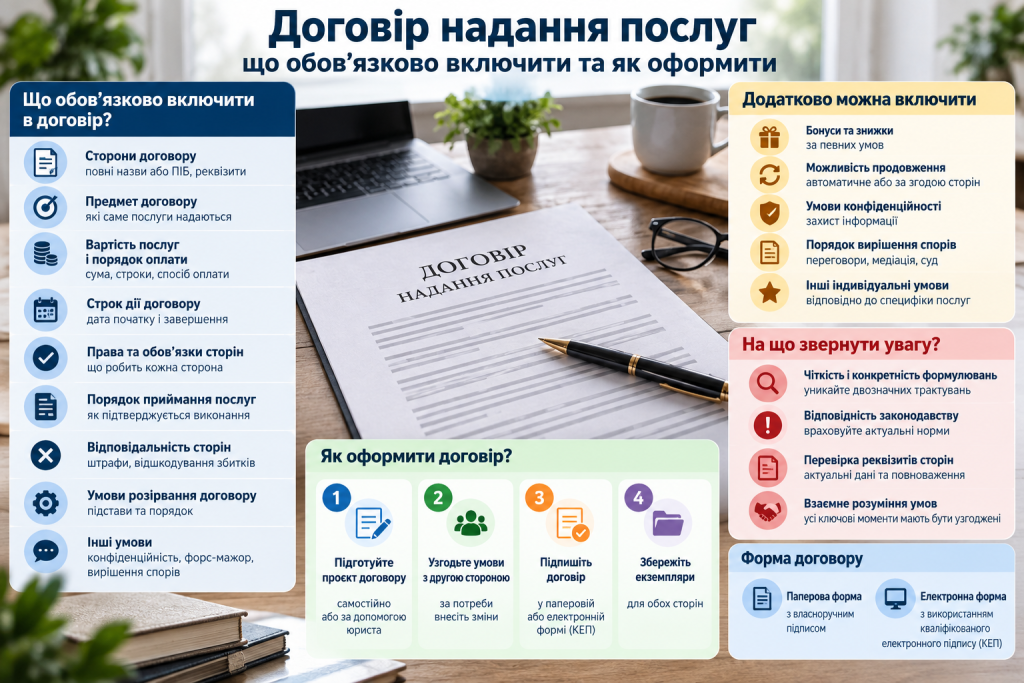 Інфографіка про договір надання послуг, основні умови, права й обов’язки сторін, оплату та порядок оформлення.