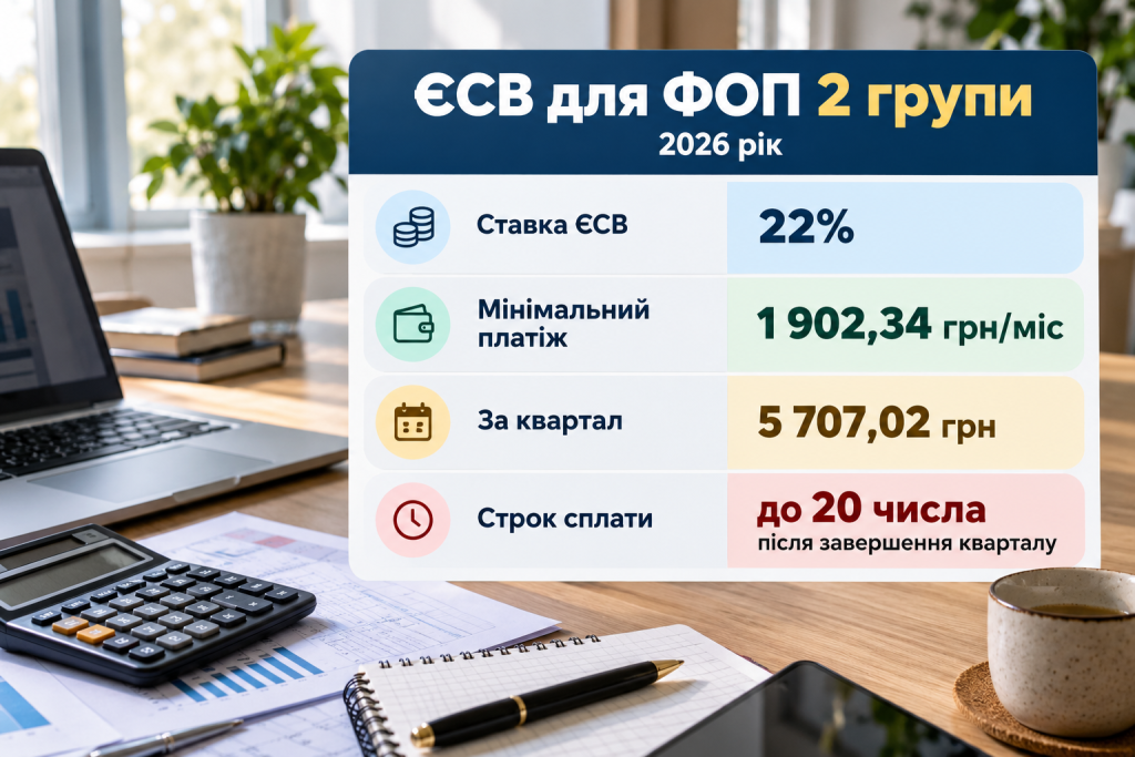 Інфографіка про єдиний соціальний внесок для ФОП другої групи у 2026 році зі ставкою ЄСВ, мінімальним платежем і термінами сплати.