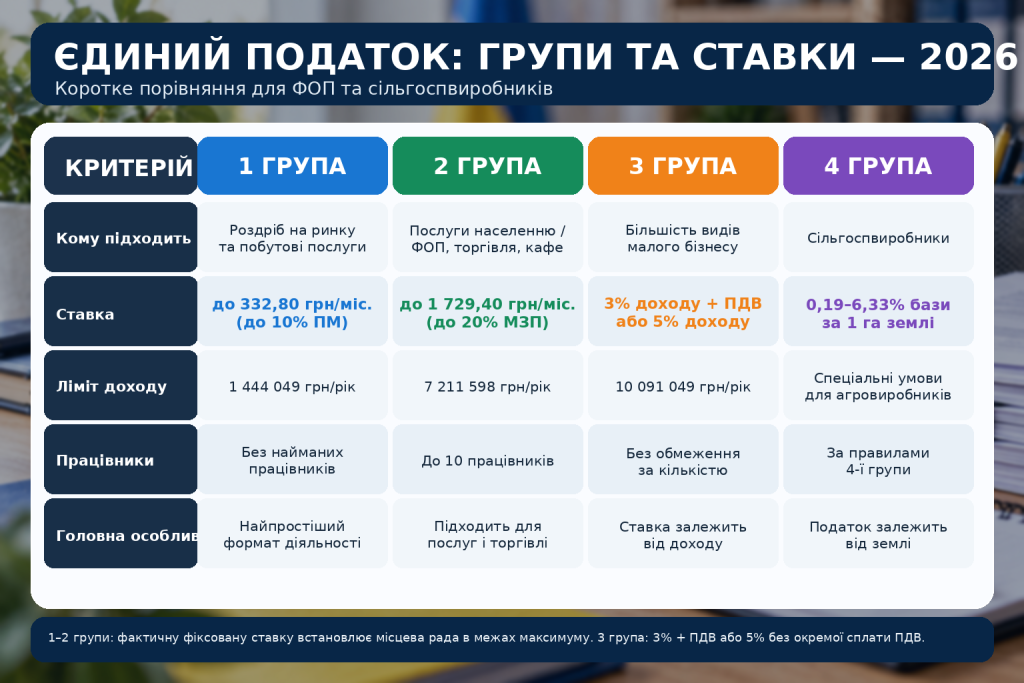 Таблиця порівняння груп єдиного податку у 2026 році зі ставками, лімітами доходу, працівниками та умовами для ФОП