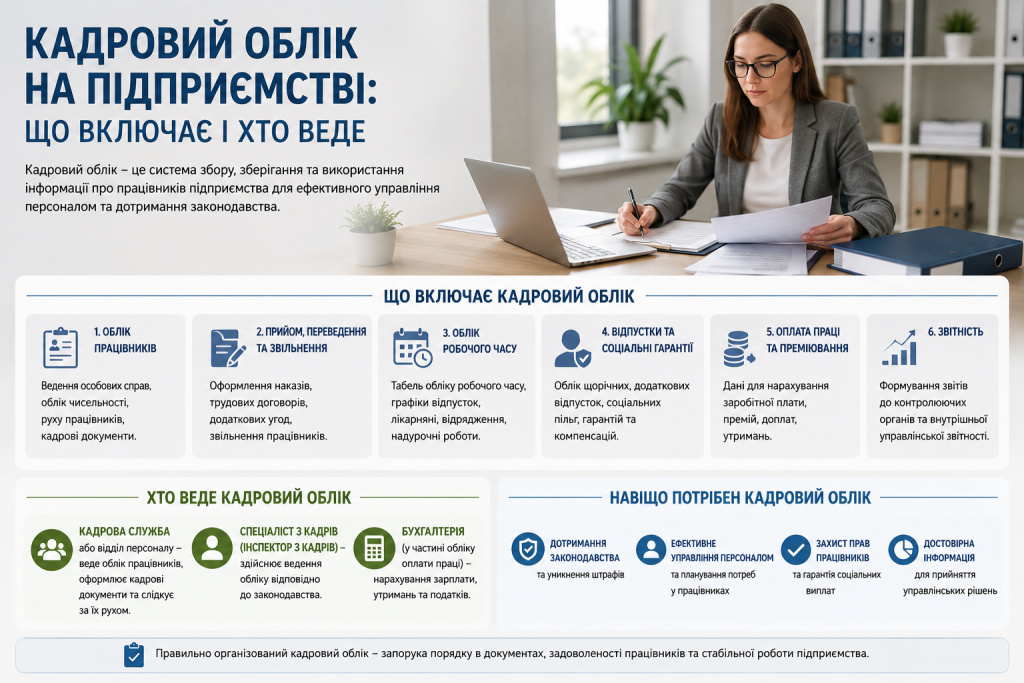 Інфографіка про кадровий облік на підприємстві, документи працівників, робочий час, відпустки та звітність