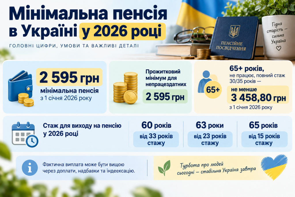 Інфографіка про мінімальну пенсію в Україні у 2026 році, пенсійний стаж та умови призначення виплат.