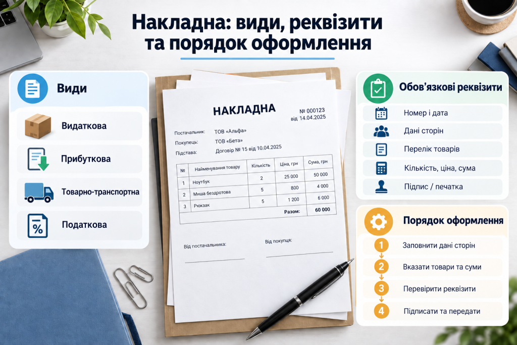 Інфографіка про види накладних, обов’язкові реквізити документа та основні етапи правильного оформлення
