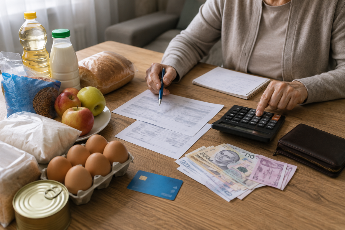Жінка розраховує домашні витрати на продукти за допомогою калькулятора та українських гривень