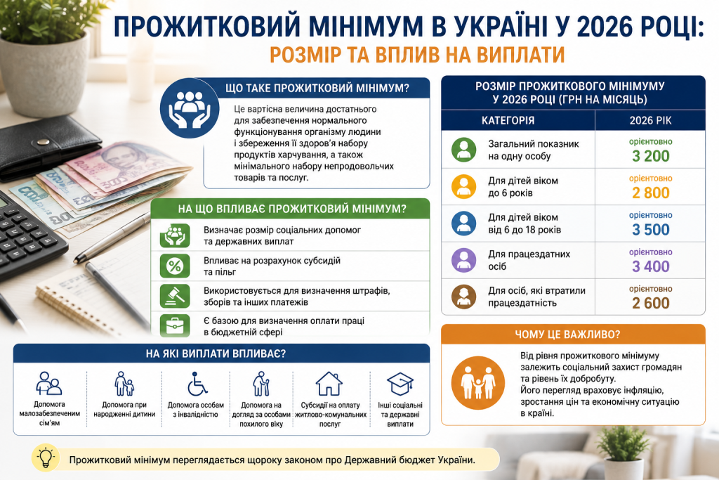 Інфографіка про розмір прожиткового мінімуму в Україні у 2026 році та його вплив на соціальні виплати