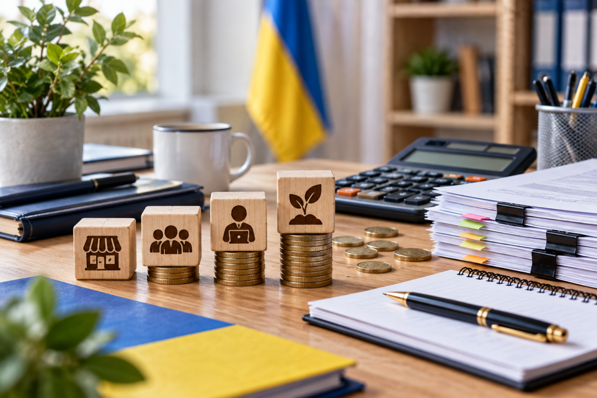 Символічне порівняння груп єдиного податку для ФОП із монетами, калькулятором і документами на робочому столі