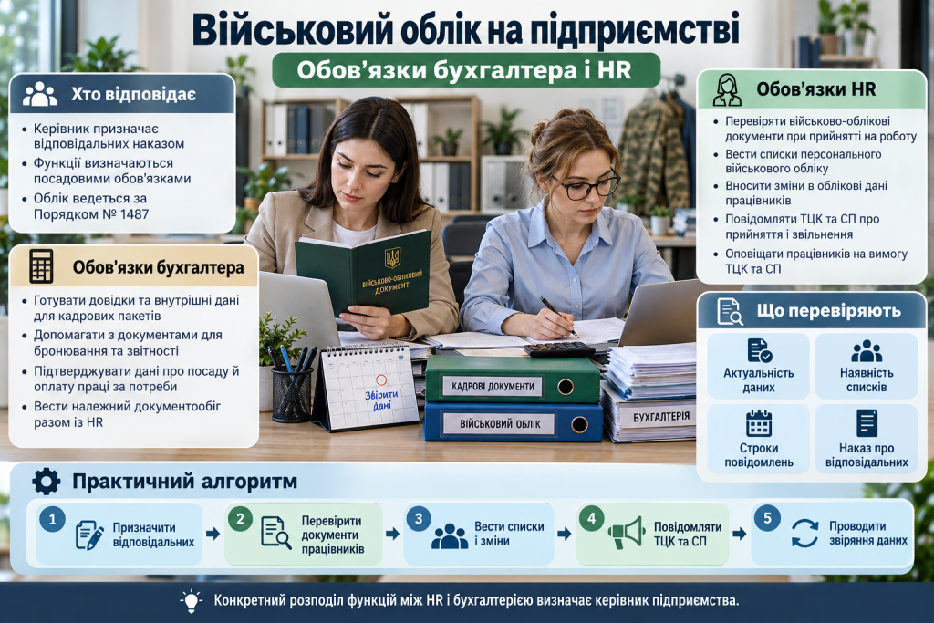 Інфографіка про організацію військового обліку на підприємстві, розподіл обов'язків між бухгалтерією та HR, перевірку документів і ведення облікових даних.