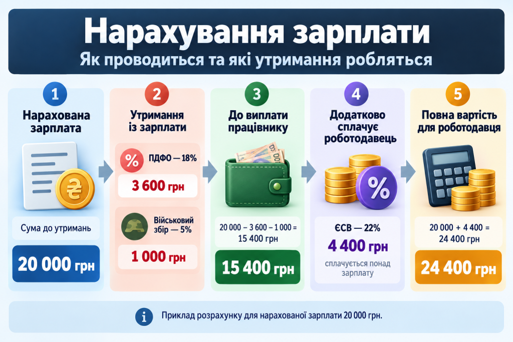Інфографіка з прикладом розрахунку заробітної плати в Україні, утриманням ПДФО та військового збору, нарахуванням ЄСВ і визначенням суми до виплати.