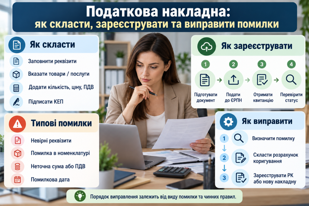 Інфографіка про оформлення податкової накладної в Україні: правила заповнення, реєстрація в ЄРПН, типові помилки та порядок їх виправлення.