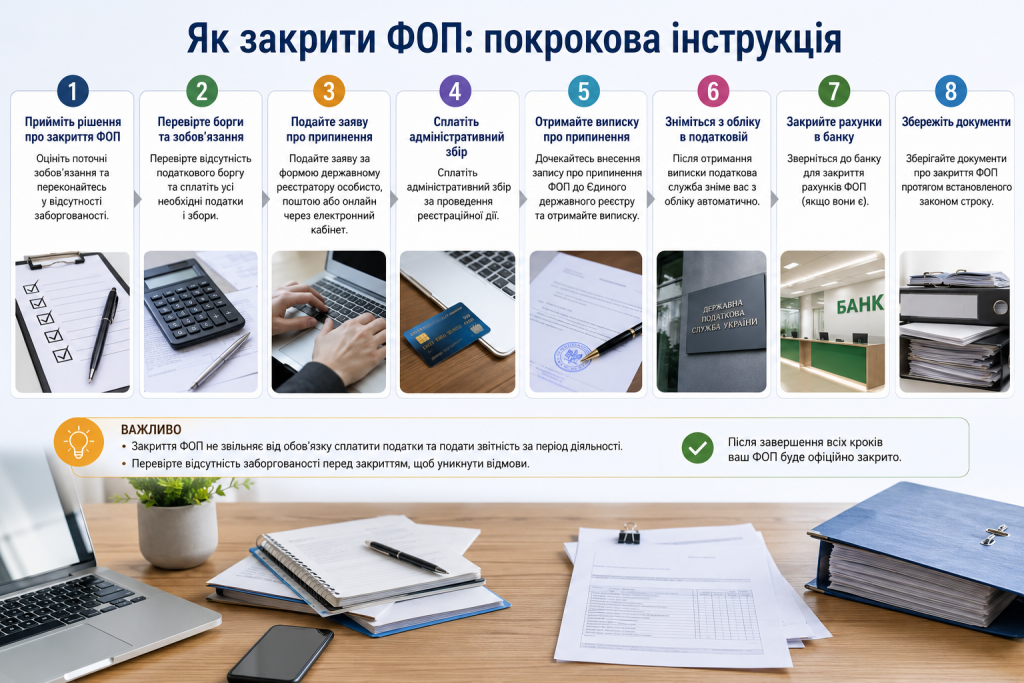 Інфографіка з покроковою інструкцією закриття ФОП, сплати податків, зняття з обліку та закриття рахунків