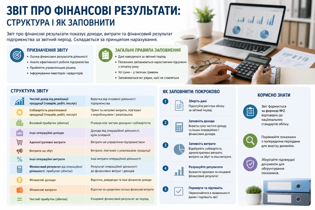 Інфографіка про структуру звіту про фінансові результати та покрокове заповнення фінансової звітності